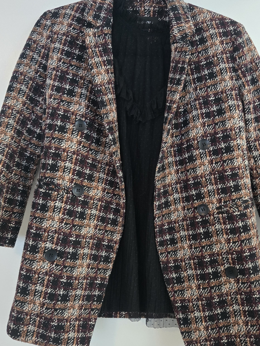 le chateau Women's Plaid Tweed Double-Breasted Blazer - Black, Brown, Cream